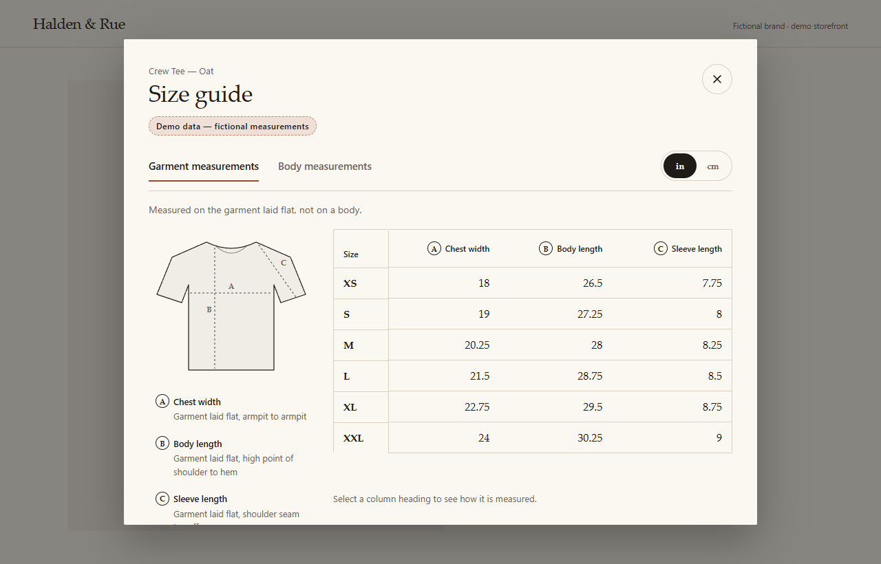 Size guide pop-up for a fictional brand, Halden and Rue, showing garment measurements in inches beside a flat garment diagram